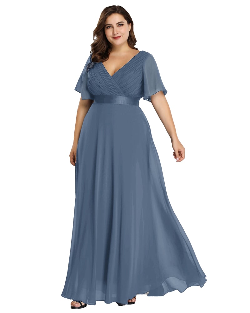 Front of a model wearing a size 14 Long Chiffon Empire Waist Bridesmaid Dress with Short Flutter Sleeves in Dusty Navy by Ever-Pretty. | dia_product_style_image_id:329482